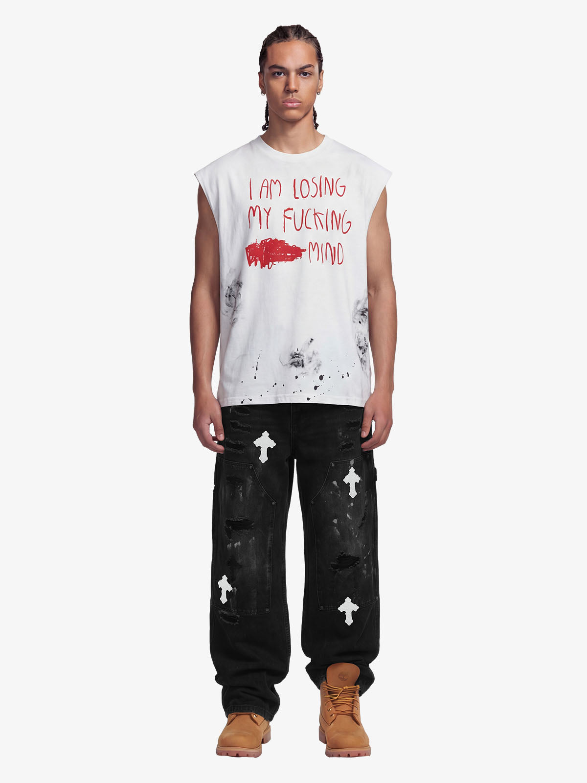 Grunge Slogan Print Distressed Raw Hem Sleeveless T-Shirt - 2612